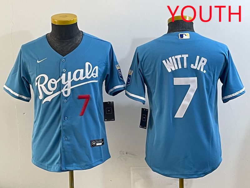 Youth Kansas City Royals 7 Witt jr Light Blue Game 2025 Nike MLB Jersey style 2